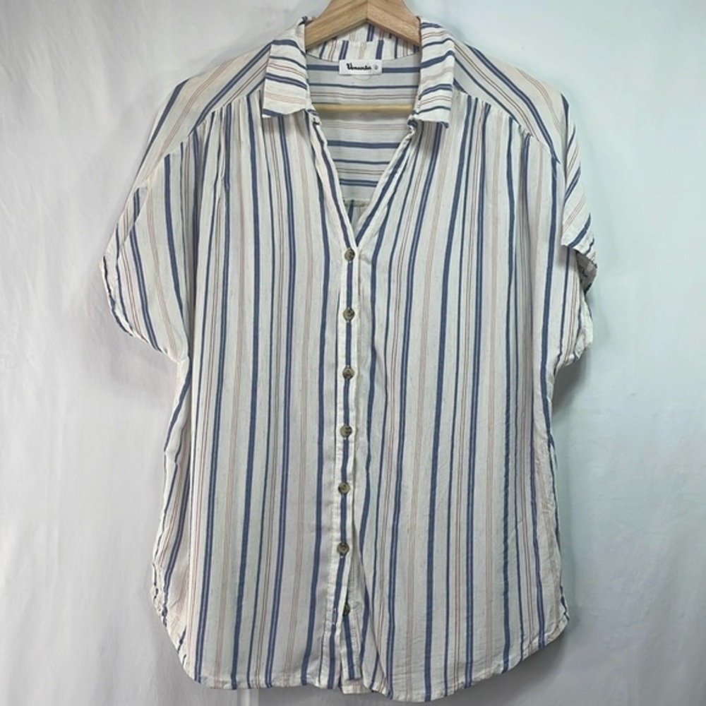 🧢 vernacular red white and blue vertical stripe short sleeve linen blend blouse: